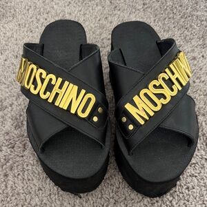 Moschino Black Gold Hardware Leather Criss Cross Platform Slides